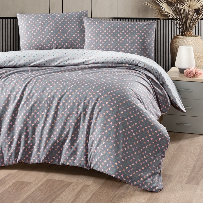 Set lenjerie de pat, HOMESKO, 4 piese, Double Size, 240x260cm, 200x220cm, 50x70cm, Ranforce, Gri, Geometric, Turcia