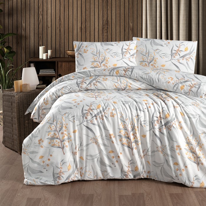 Set lenjerie de pat, HOMESKO, 4 piese, Double Size, 240x260cm, 200x220cm, 50x70cm, Ranforce, Alb/Gri, 240x260cm, Cu model, Turcia