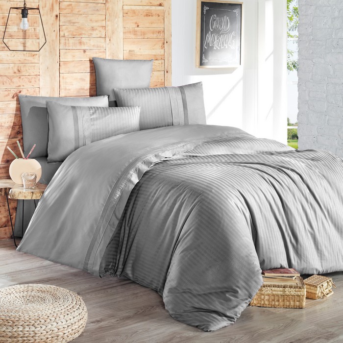 Bed linen set, FIRST CHOICE, 6 pieces, Double Size, 240x260cm, 200x220cm, 50x70cm (4), 100% Cotton, Gray, Vertical stripes, Turkey