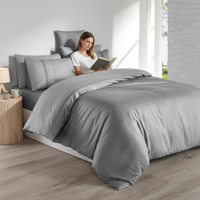 Bed linen set, FIRST CHOICE, 6 pieces, Double Size, 240x260cm, 200x220cm, 50x70cm (4), 100% Cotton, Gray, Vertical stripes, Turkey