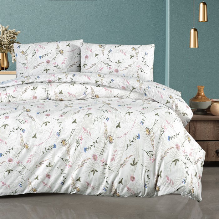 Bed linen set, HOMESKO, 4 pcs, 240x260cm, 200x220cm, 50x70cm, Ranforce, White, Floral, Double Size, Turkey