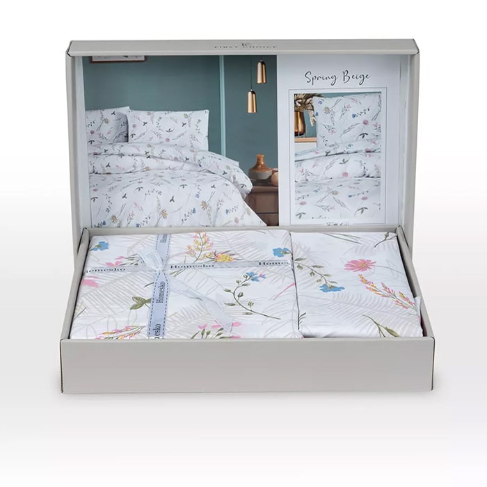 Bed linen set, HOMESKO, 4 pcs, 240x260cm, 200x220cm, 50x70cm, Ranforce, White, Floral, Double Size, Turkey