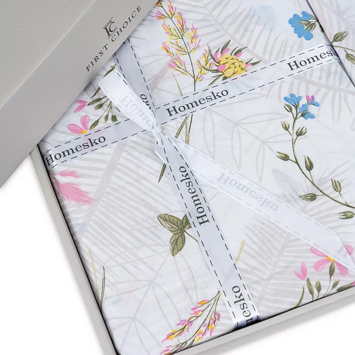 Bed linen set, HOMESKO, 4 pcs, 240x260cm, 200x220cm, 50x70cm, Ranforce, White, Floral, Double Size, Turkey