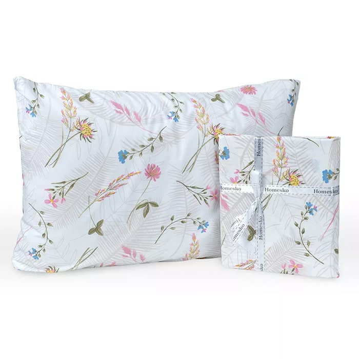 Bed linen set, HOMESKO, 4 pcs, 240x260cm, 200x220cm, 50x70cm, Ranforce, White, Floral, Double Size, Turkey