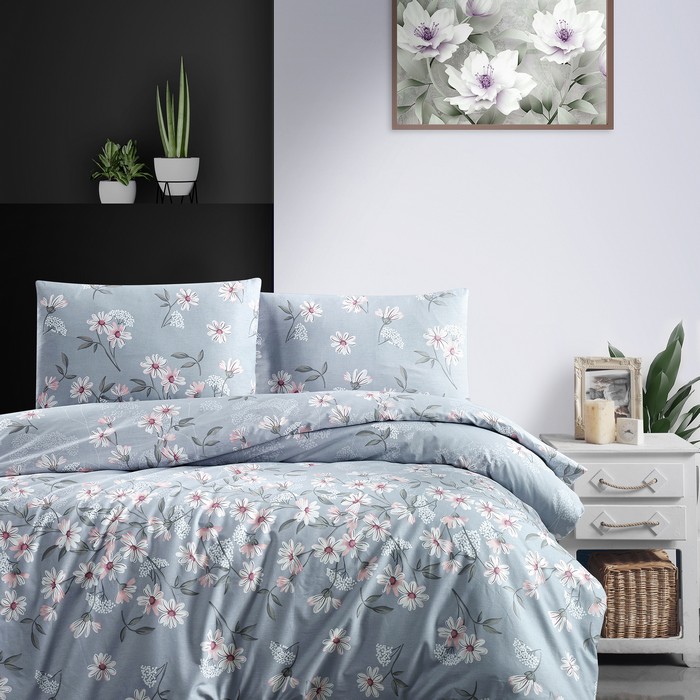 Set lenjerie de pat, HOMESKO, 4 piese, 240x260cm, 200x220cm, 50x70cm, Ranforce, Albastru, Floral, Double Size, Nasturi, Turcia