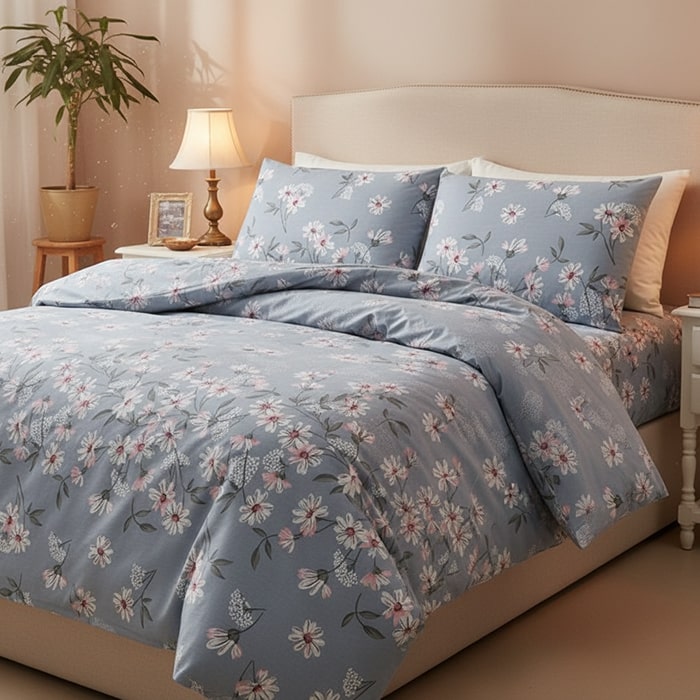 Set lenjerie de pat, HOMESKO, 4 piese, 240x260cm, 200x220cm, 50x70cm, Ranforce, Albastru, Floral, Double Size, Nasturi, Turcia