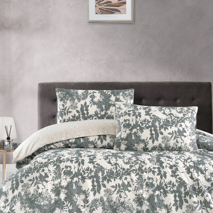 Set lenjerie de pat, HOMESKO, 4 piese, 240x260cm, 200x220cm, 50x70cm, Ranforce, Verde/Gri, Frunze, Double Size, Turcia