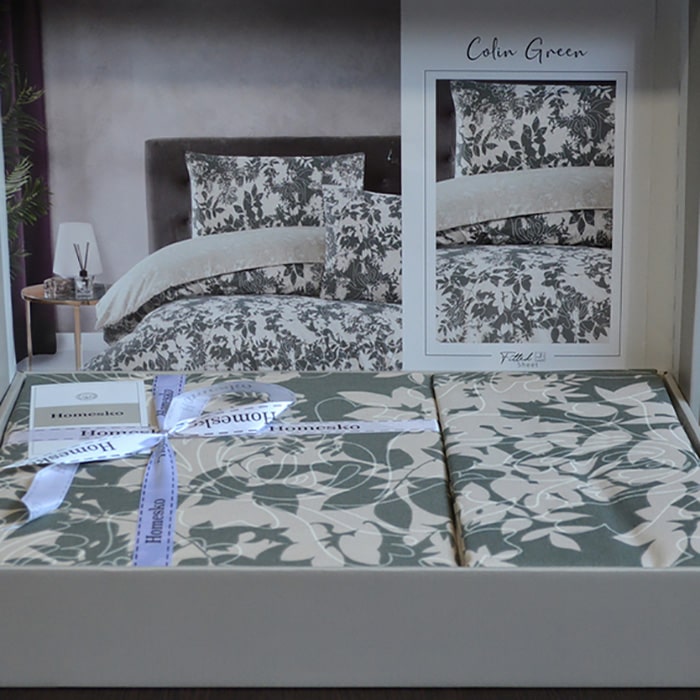 Set lenjerie de pat, HOMESKO, 4 piese, 240x260cm, 200x220cm, 50x70cm, Ranforce, Verde/Gri, Frunze, Double Size, Turcia