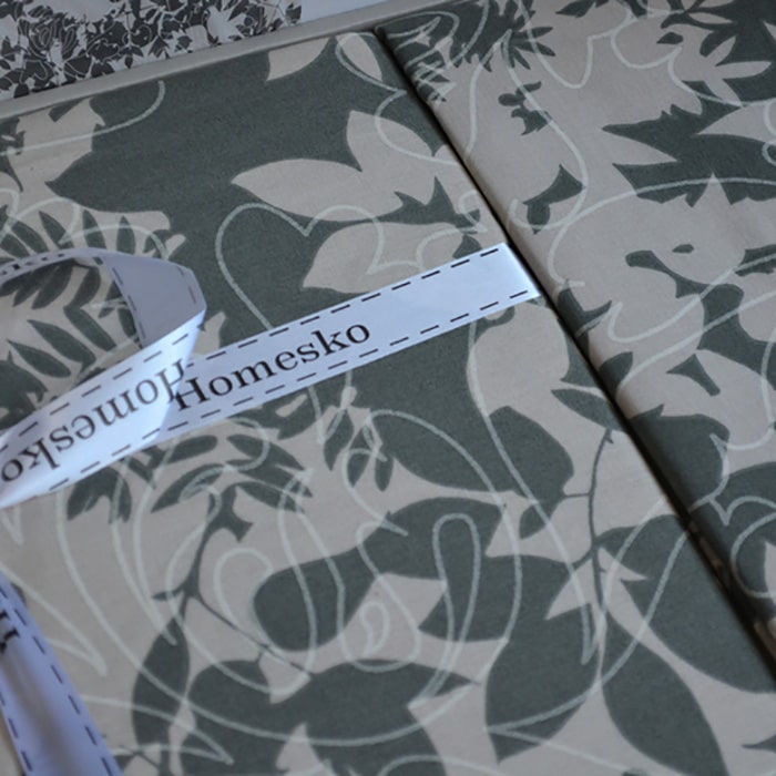 Set lenjerie de pat, HOMESKO, 4 piese, 240x260cm, 200x220cm, 50x70cm, Ranforce, Verde/Gri, Frunze, Double Size, Turcia