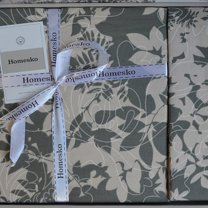 Set lenjerie de pat, HOMESKO, 4 piese, 240x260cm, 200x220cm, 50x70cm, Ranforce, Verde/Gri, Frunze, Double Size, Turcia