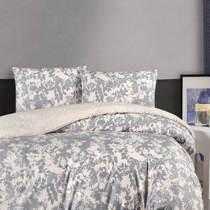 Set lenjerie de pat, HOMESKO, 4 piese, 240x260cm, 200x220cm, 50x70cm, Ranforce, Gri/Bej, Frunze, Double Size, Turcia