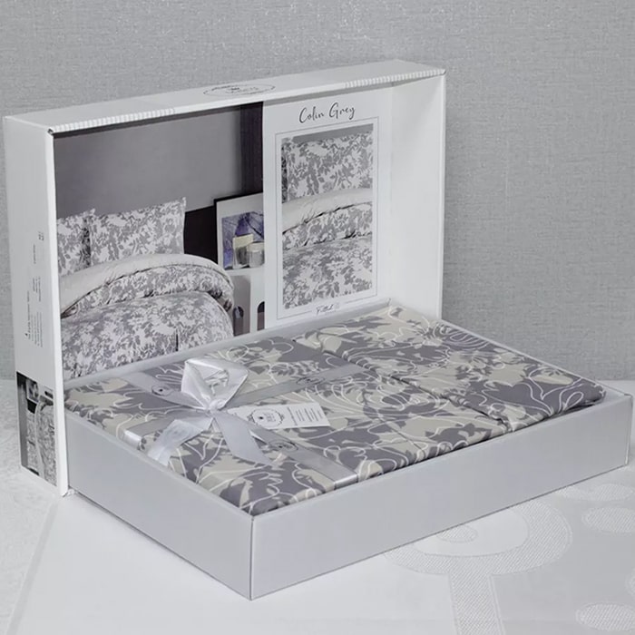 Set lenjerie de pat, HOMESKO, 4 piese, 240x260cm, 200x220cm, 50x70cm, Ranforce, Gri/Bej, Frunze, Double Size, Turcia