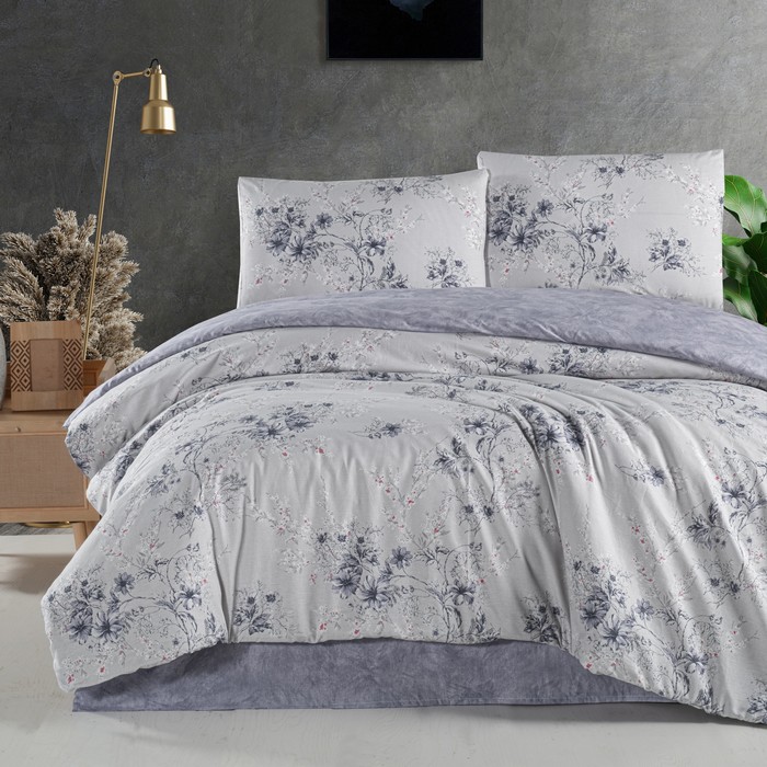 Set lenjerie de pat, HOMESKO, 4 piese, 240x260cm, 200x220cm, 50x70cm, Ranforce, Alb/Gri, Floral, Double Size, Turcia