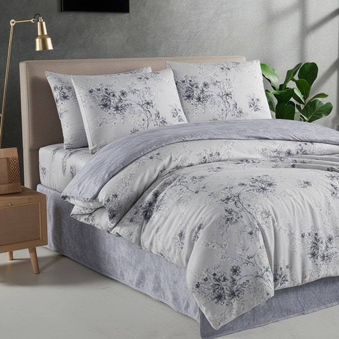 Set lenjerie de pat, HOMESKO, 4 piese, 240x260cm, 200x220cm, 50x70cm, Ranforce, Alb/Gri, Floral, Double Size, Turcia