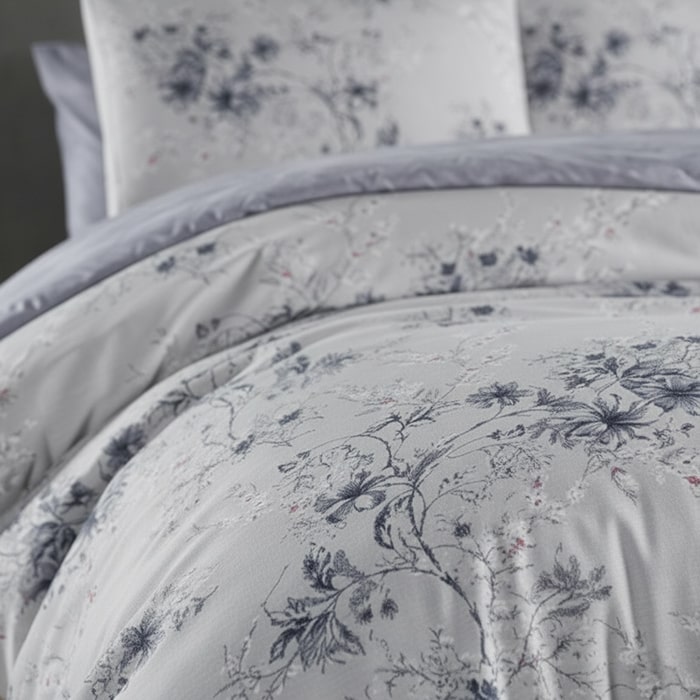 Set lenjerie de pat, HOMESKO, 4 piese, 240x260cm, 200x220cm, 50x70cm, Ranforce, Alb/Gri, Floral, Double Size, Turcia