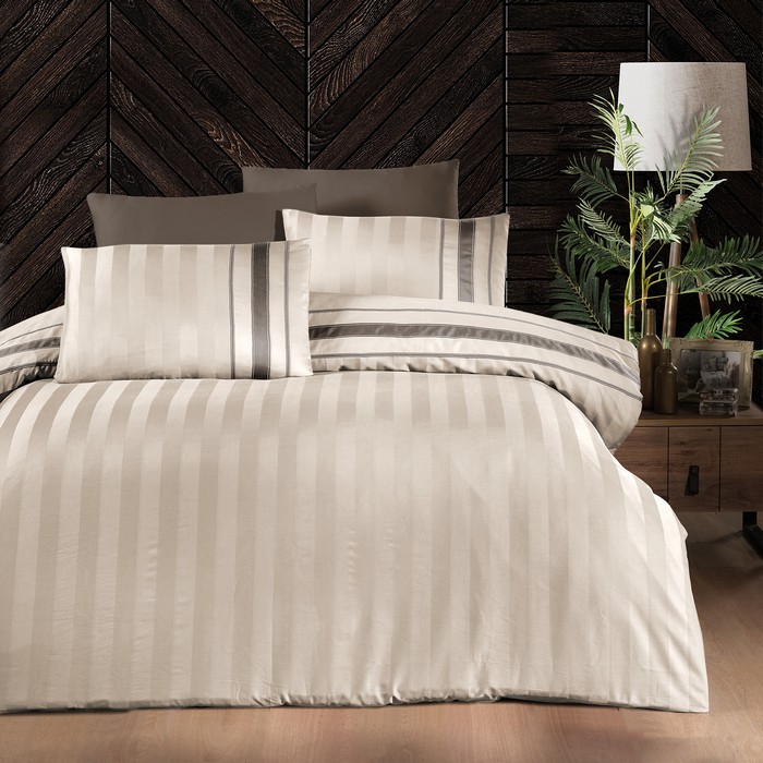 Комплект постельного белья, FIRST CHOICE, 6 предметов, 240x260cм, 200x220cм, 50x70cм, Сатин, Бежевый, Вертикальные полосы, Double Size, Турция, 240x26