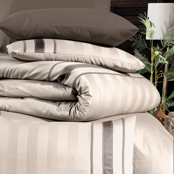 Комплект постельного белья, FIRST CHOICE, 6 предметов, 240x260cм, 200x220cм, 50x70cм, Сатин, Бежевый, Вертикальные полосы, Double Size, Турция, 240x26