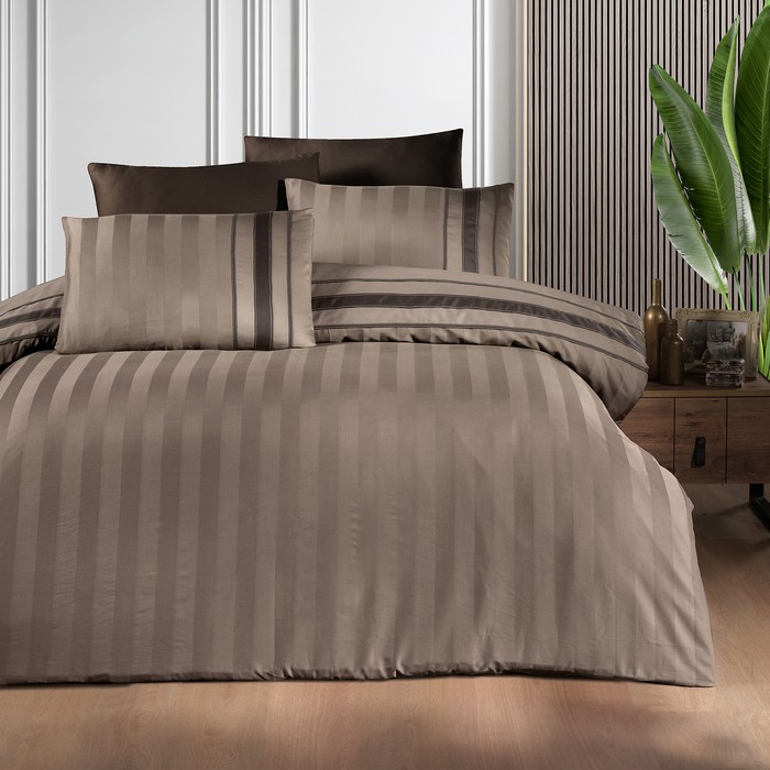 Комплект постельного белья, FIRST CHOICE, 6 предметов, 240x260cм, 200x220cм, 50x70cм, Сатин, Коричневый, Вертикальные полосы, Double Size, Турция, 240