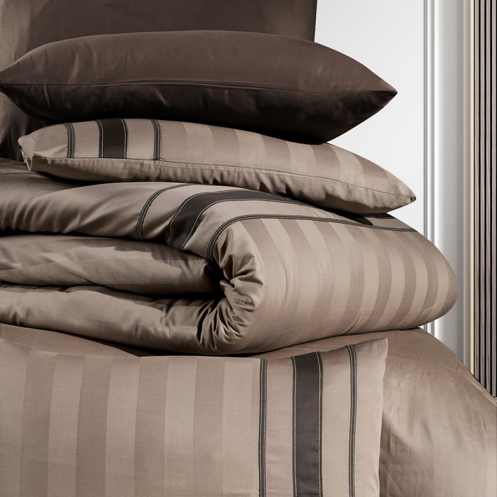 Комплект постельного белья, FIRST CHOICE, 6 предметов, 240x260cм, 200x220cм, 50x70cм, Сатин, Коричневый, Вертикальные полосы, Double Size, Турция, 240