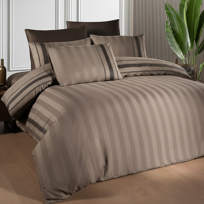 Комплект постельного белья, FIRST CHOICE, 6 предметов, 240x260cм, 200x220cм, 50x70cм, Сатин, Коричневый, Вертикальные полосы, Double Size, Турция, 240