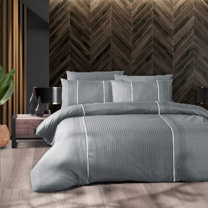 Комплект постельного белья, FIRST CHOICE, 6 предметов, 240x260cм, 220x240cм, 50x70cм(4), 100% Хлопок, Серый, Вертикальные полосы, Double Size, Пуговиц