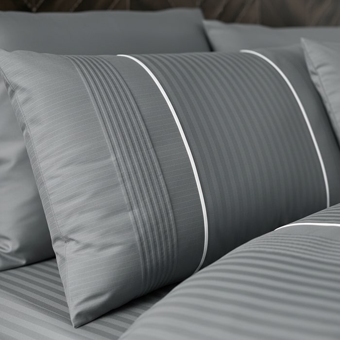 Комплект постельного белья, FIRST CHOICE, 6 предметов, 240x260cм, 220x240cм, 50x70cм(4), 100% Хлопок, Серый, Вертикальные полосы, Double Size, Пуговиц