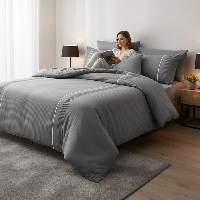 Комплект постельного белья, FIRST CHOICE, 6 предметов, 240x260cм, 220x240cм, 50x70cм(4), 100% Хлопок, Серый, Вертикальные полосы, Double Size, Пуговиц