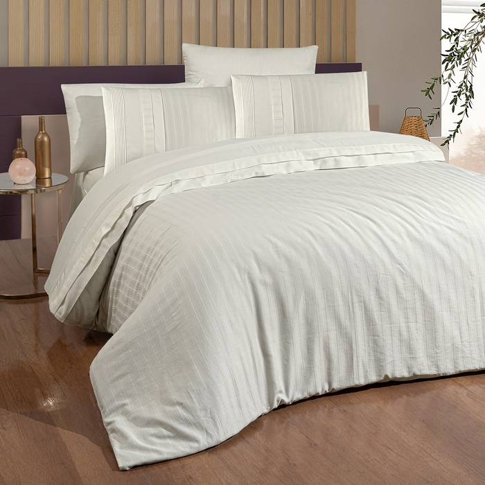 Комплект постельного белья, FIRST CHOICE, 6 предметов, 240x260cм, 200x220cм, 50x70cм, Сатин, Кремовый, Вертикальные полосы, Double Size, Пуговицы, Тур