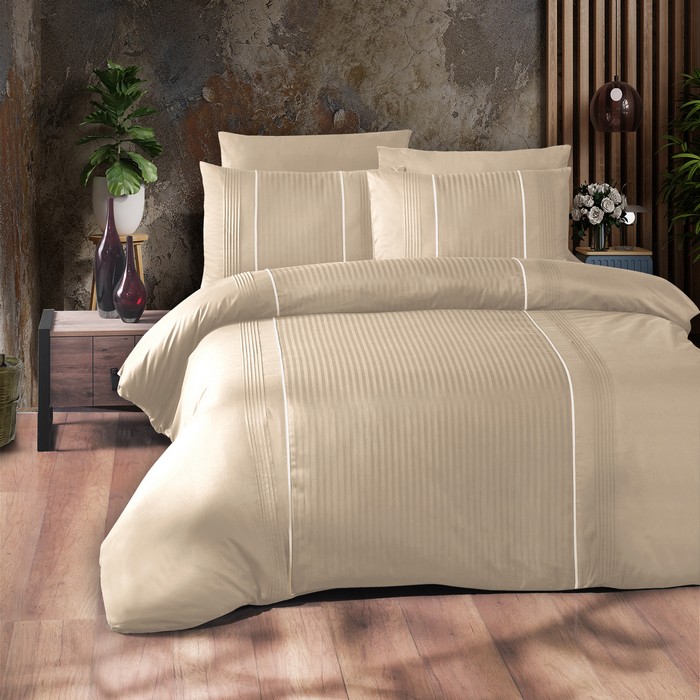 Set lenjerie de pat, FIRST CHOICE, 6 piese, 240x260cm, 200x220cm, 50x70cm (4), 100% Bumbac, Cappucino, Dungi verticale, Double Size, Nasturi, Turcia