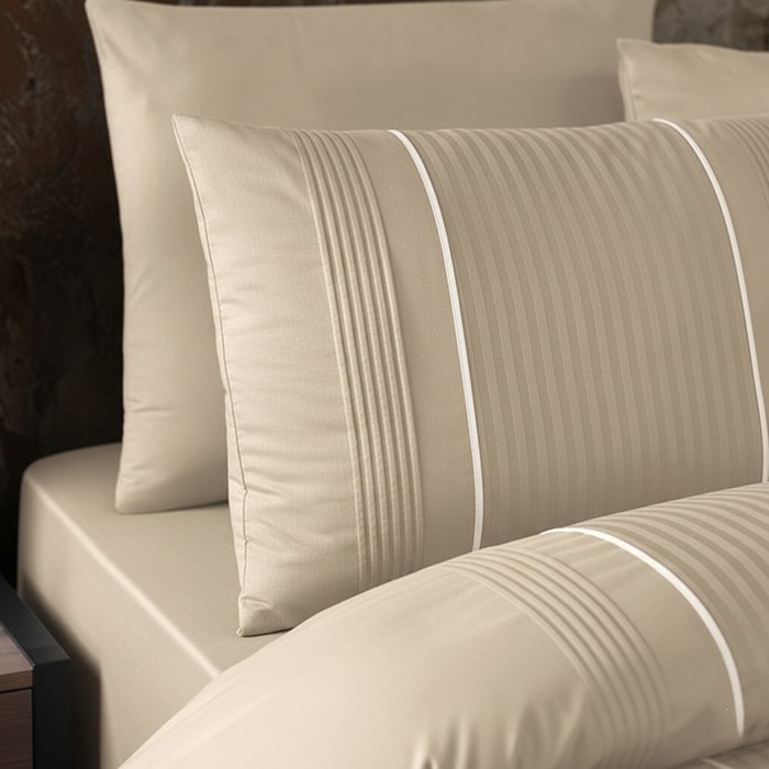 Set lenjerie de pat, FIRST CHOICE, 6 piese, 240x260cm, 200x220cm, 50x70cm (4), 100% Bumbac, Cappucino, Dungi verticale, Double Size, Nasturi, Turcia