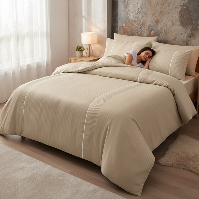 Set lenjerie de pat, FIRST CHOICE, 6 piese, 240x260cm, 200x220cm, 50x70cm (4), 100% Bumbac, Cappucino, Dungi verticale, Double Size, Nasturi, Turcia