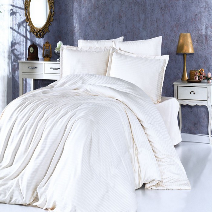 Set lenjerie de pat, LAVIVA, 4 piese, 240x260cm, 200x220cm, 50x70cm, Satin, Alb, Dungi orizontale, Double Size, Turcia