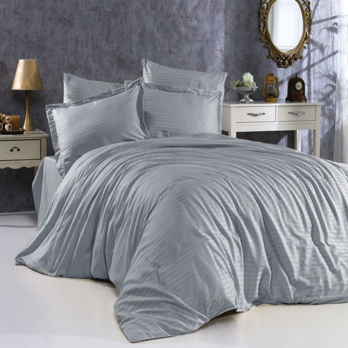 Set lenjerie de pat, LAVIVA, 4 piese, 240x260cm, 200x220cm, 50x70cm, Satin, Antracit, Dungi orizontale, Double Size, 240x260cm, Turcia