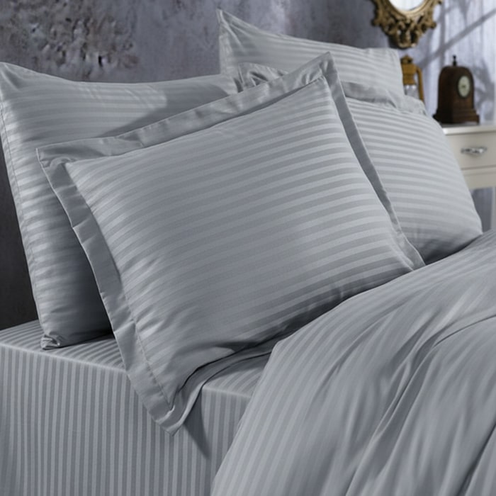 Set lenjerie de pat, LAVIVA, 4 piese, 240x260cm, 200x220cm, 50x70cm, Satin, Antracit, Dungi orizontale, Double Size, 240x260cm, Turcia