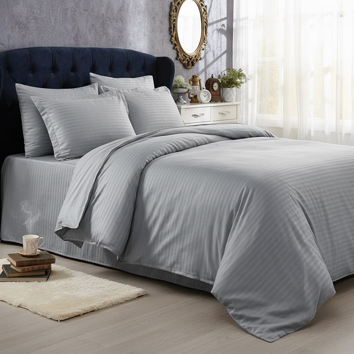 Set lenjerie de pat, LAVIVA, 4 piese, 240x260cm, 200x220cm, 50x70cm, Satin, Antracit, Dungi orizontale, Double Size, 240x260cm, Turcia