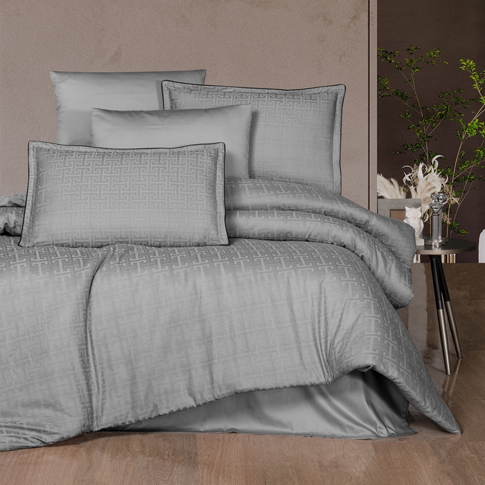Set lenjerie de pat, LA ROMANO, 6 piese, 240x260cm, 200x220cm, 50x70cm, Satin, Gri Deschis, Geometric, Double Size, Turcia