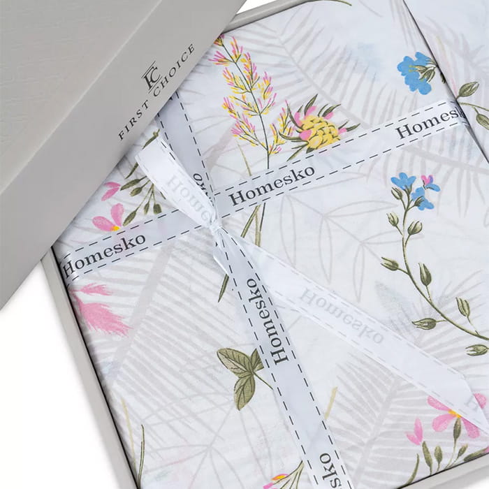 Set lenjerie de pat, HOMESKO, 4 piese, 160x200+35cm, 200x220cm, 50x70cm, Bumbac, Alb, Floral, 200x220cm, Turcia
