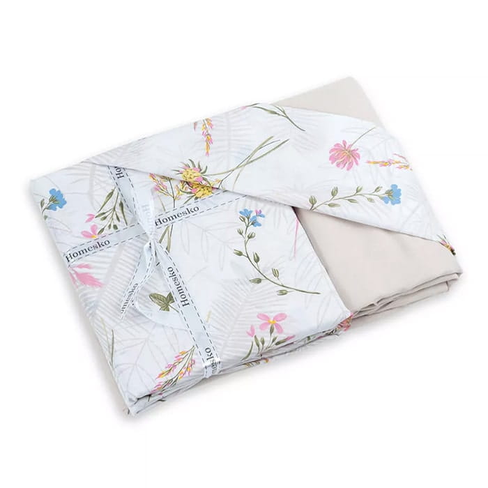 Set lenjerie de pat, HOMESKO, 4 piese, 160x200+35cm, 200x220cm, 50x70cm, Bumbac, Alb, Floral, 200x220cm, Turcia