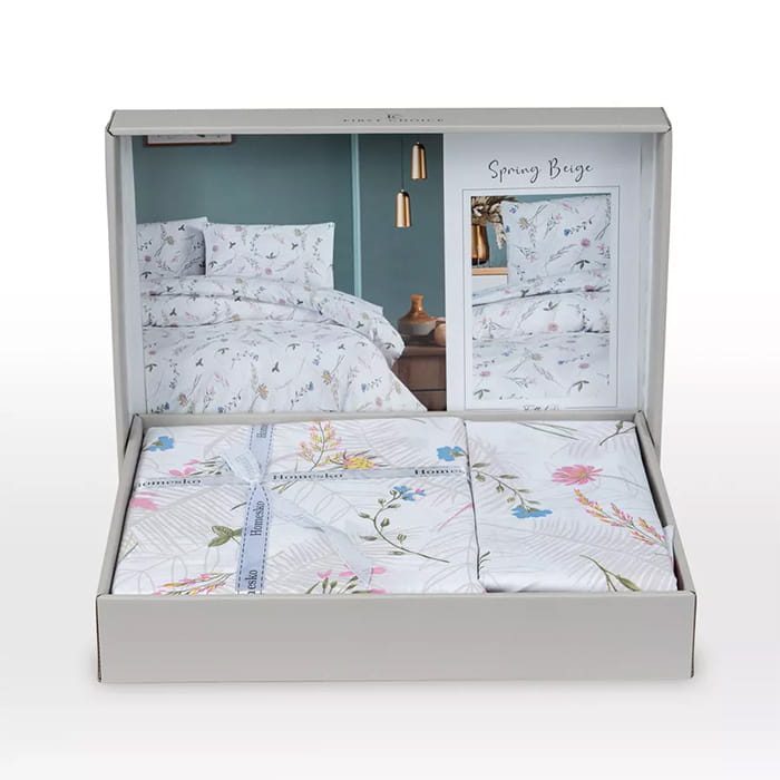 Set lenjerie de pat, HOMESKO, 4 piese, 160x200+35cm, 200x220cm, 50x70cm, Bumbac, Alb, Floral, 200x220cm, Turcia