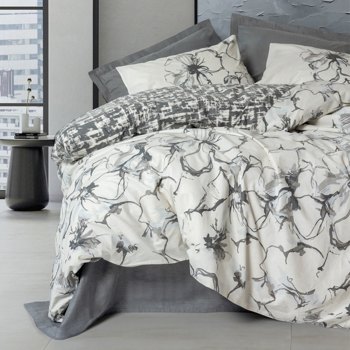 Set lenjerie de pat, COTTONBOX, 4 piese, 240x260 cm, 200x220 cm, 50x70 cm, Bumbac, Alb/Gri, Cu model, 240x260cm, Turcia
