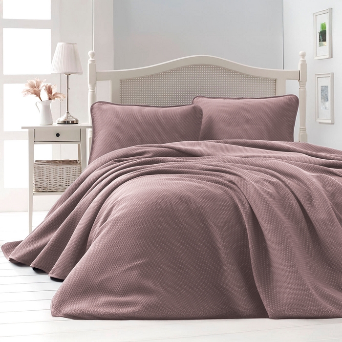 Set cuvertura cu fete de perna, SAHESER, 3 piese, 240x260cm, 50x70cm, Bumbac, Roz pudra