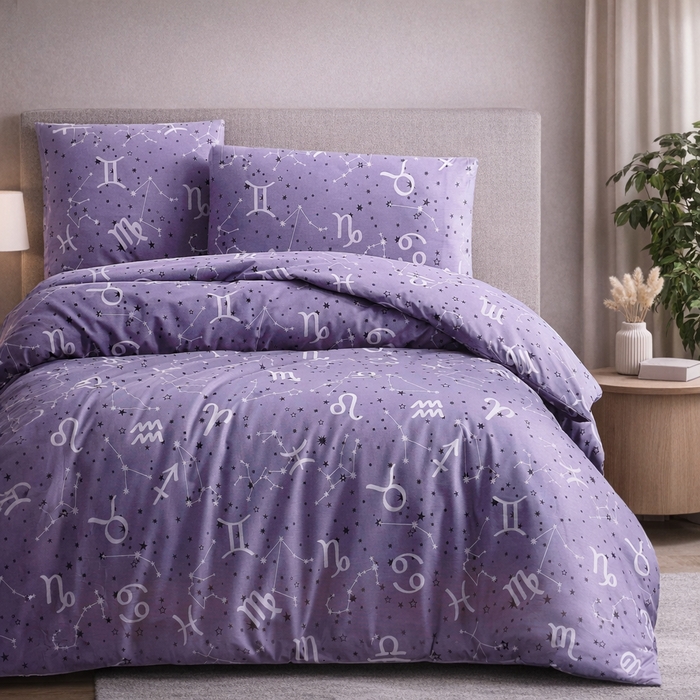 Set lenjerie de pat, HOMESKO, 4 piese, 160x200+35cm, 200x220cm, 50x70cm, Bumbac, 200x220cm, Mov, Cu model, 200x220cm, Turcia