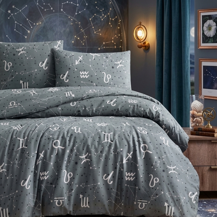 Set lenjerie de pat, HOMESKO, 4 piese, 160x200+35cm, 200x220cm, 50x70cm, Bumbac, 200x220cm, Gri, Cu model, 200x220cm, Turcia