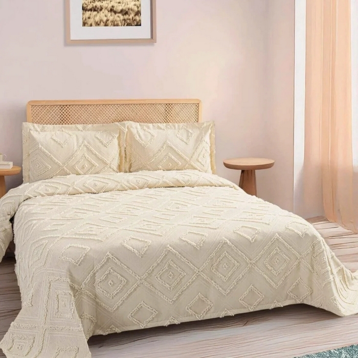 Set cuvertura cu fete de perna, VIVEN, 3 piese, 240x260cm, 60x80cm, Bumbac, Crem