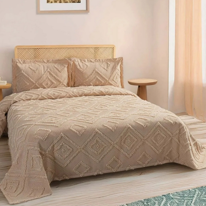Set cuvertura cu fete de perna, VIVEN, 3 piese, 240x260cm, 60x80cm, Bumbac, Bej