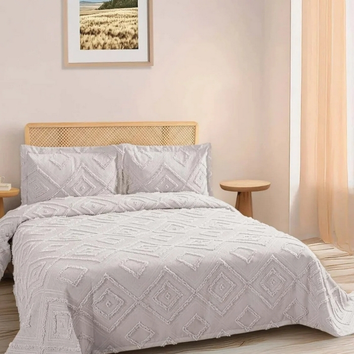 Set cuvertura cu fete de perna, VIVEN, 3 piese, 240x260cm, 60x80cm, Bumbac, Gri