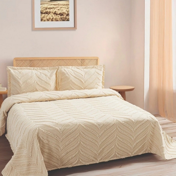 Set cuvertura cu fete de perna, VIVEN, 3 piese, 240x260cm, 60x80cm, Bumbac, Crem