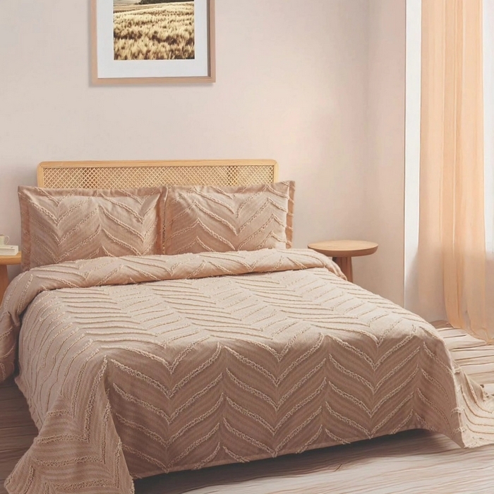 Set cuvertura cu fete de perna, VIVEN, 3 piese, 240x260cm, 60x80cm, Bumbac, Bej