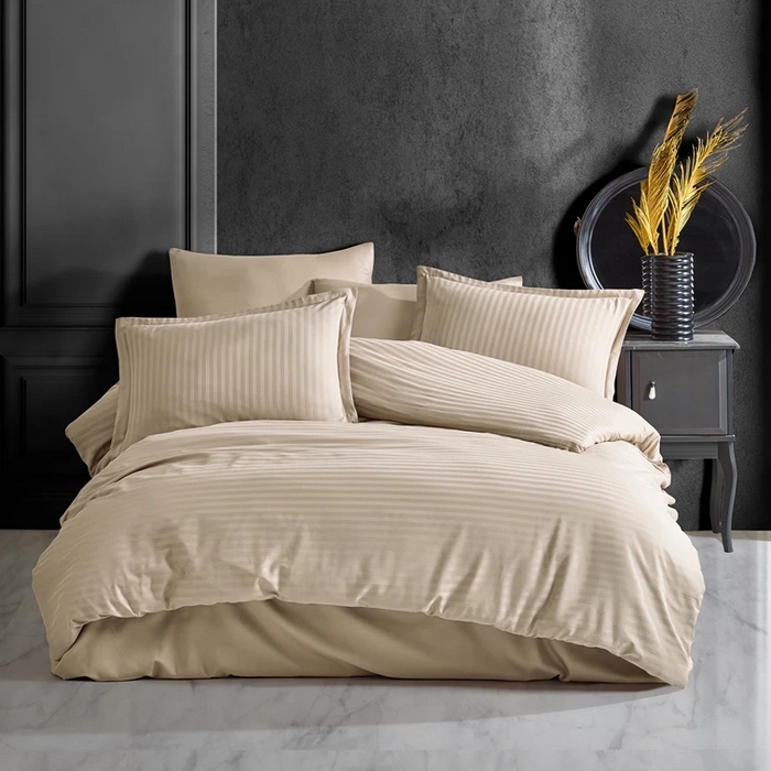 Set cearsaf cu elastic si fete de perna, IRINA HOME, 3 piese, 180x200+30 cm, 50x70cm, Bumbac, Crem