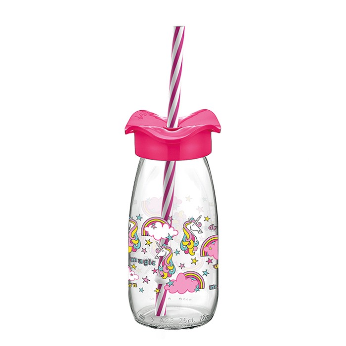 Sticla apa, RENGA, Firfir, 250ml, Sticla, Cu capac, Plastic, Culori in asortiment